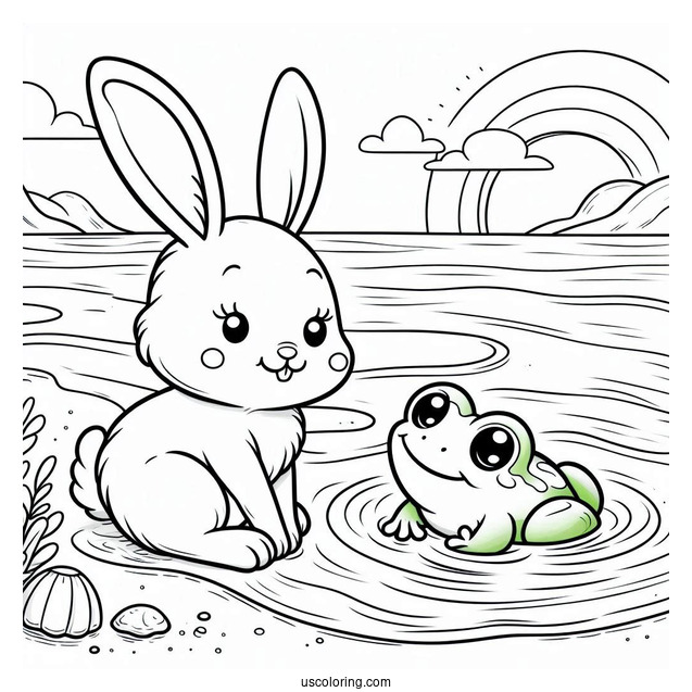 Adorable Rabbit And Frog Swimming At The Beach Coloring Sheet