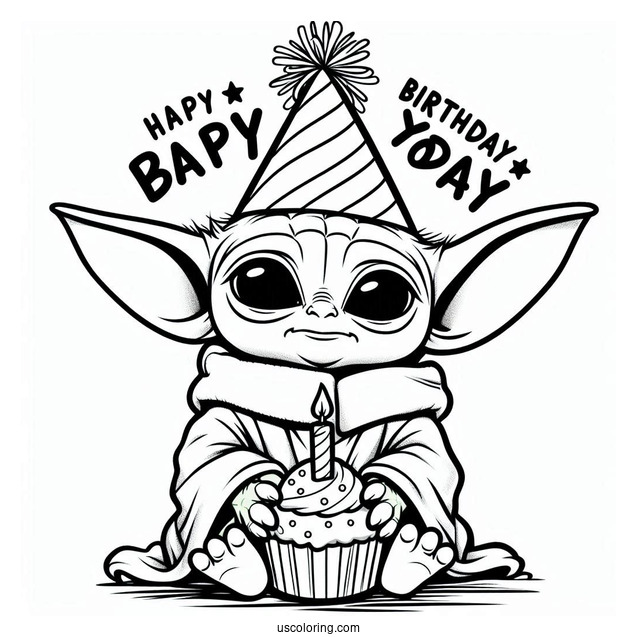 Happy Birthday Baby Yoda Coloring Page