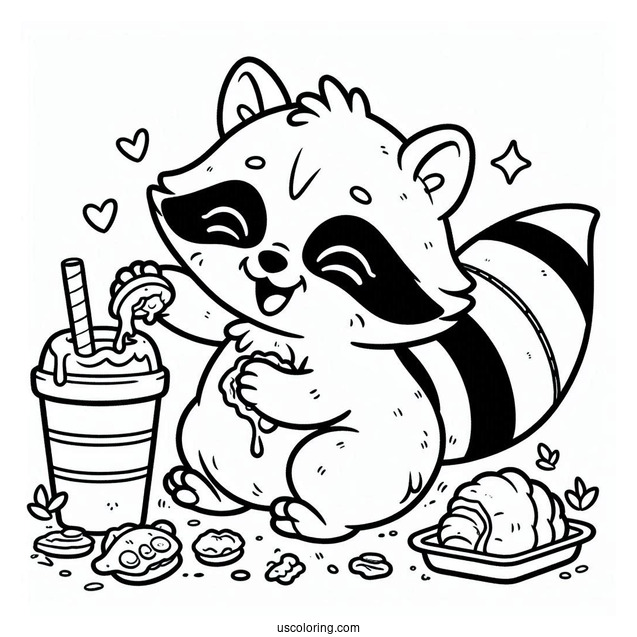 Happy Raccoon Coloring Page With Leftover Food