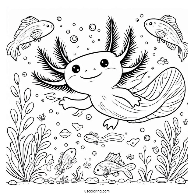 Cheerful Axolotl Coloring Page Swimming With Fishes
