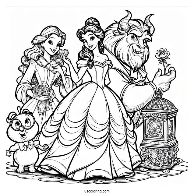 Belle With Cogsworth, Chip, Mrs Potts And The Beast