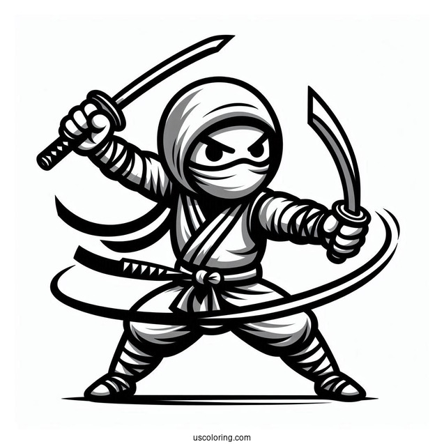 Easy Ninja With Swords In A Fight Coloring Page For Kids