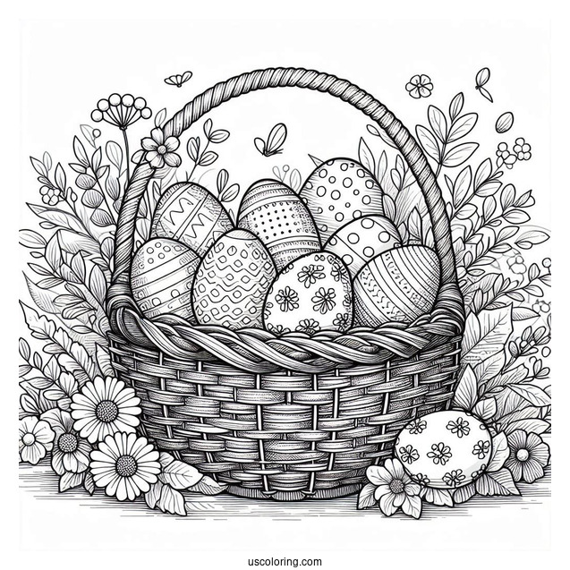 Detailed Basket Filled With Easter Eggs In Garden Coloring Sheet