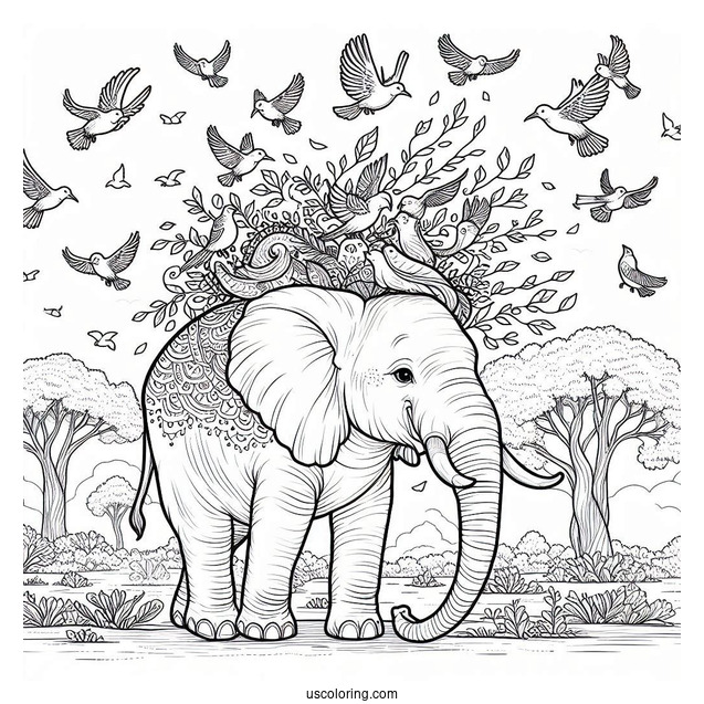 Majestic Elephant With Birds On Head Coloring Page