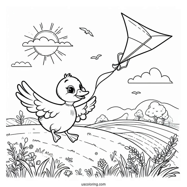 Duck Flying a Kite in the Countryside Coloring Page