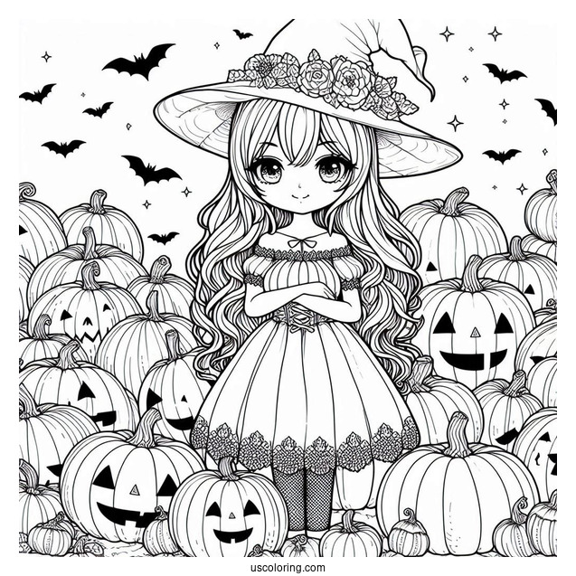 Pretty Witch Surrounded By Numerous Pumpkin Coloring Page