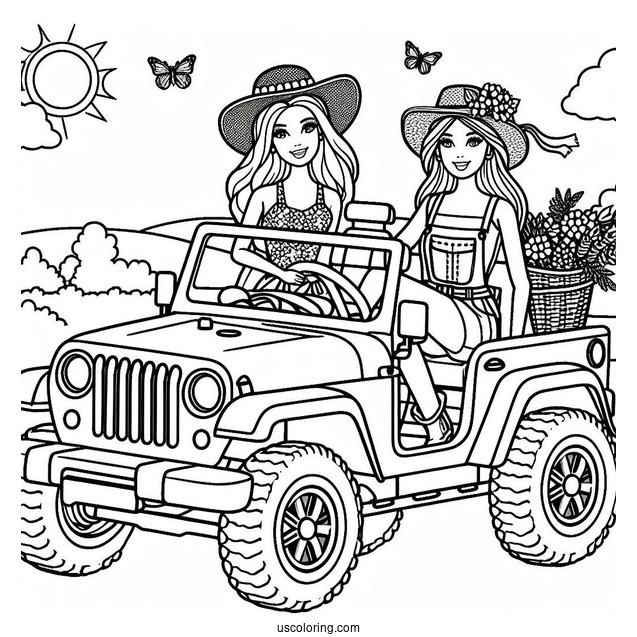 Barbie And Friend In Jeep To Color