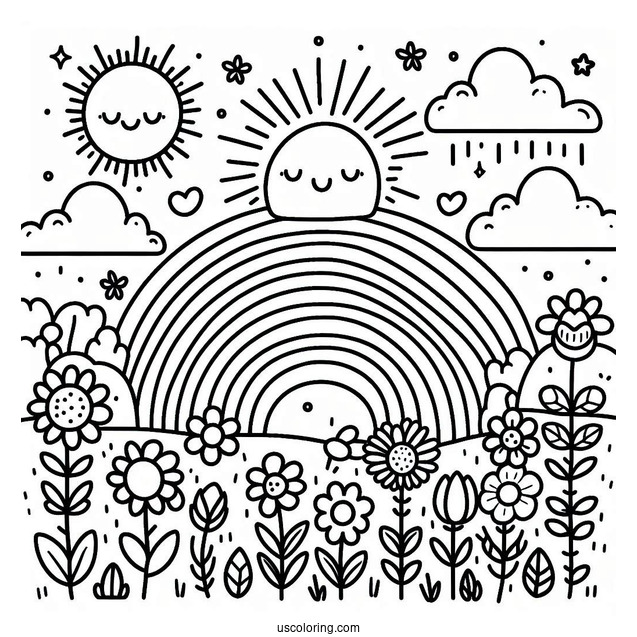 Spring Coloring Page Sun, Rainbow And Flower Field For Preschoolers