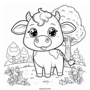 Happy Cow Standing In Forrest Coloring Sheet