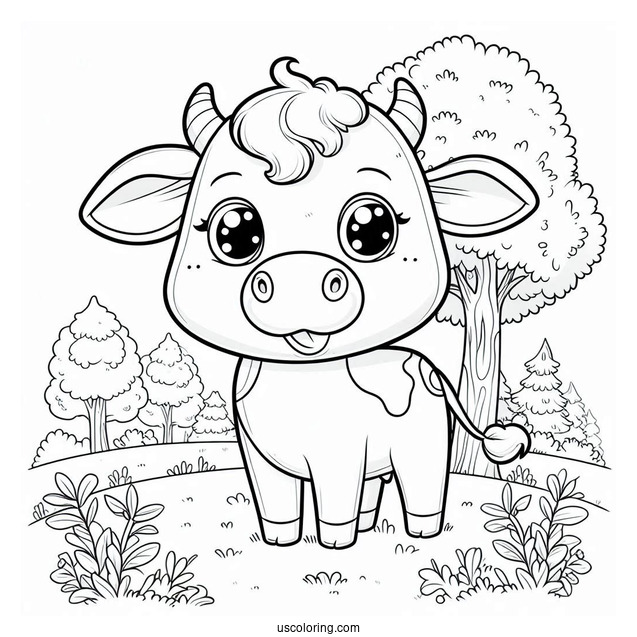 Happy Cow Standing In Forrest Coloring Sheet