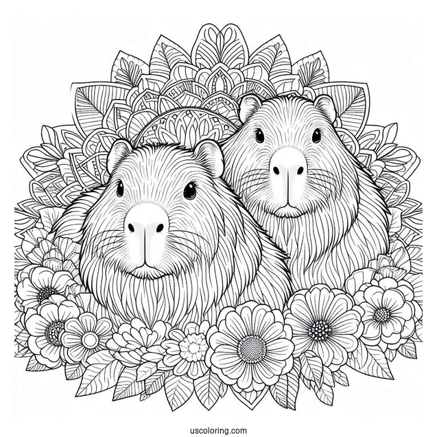 Fluffy Capybara Coloring Page Inside Flower Mandala