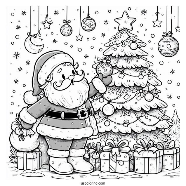 Santa Putting Gifts Under The Tree While Snowing