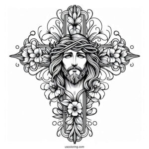Elegant Cross Coloring Page With Jesus s Face At The Center