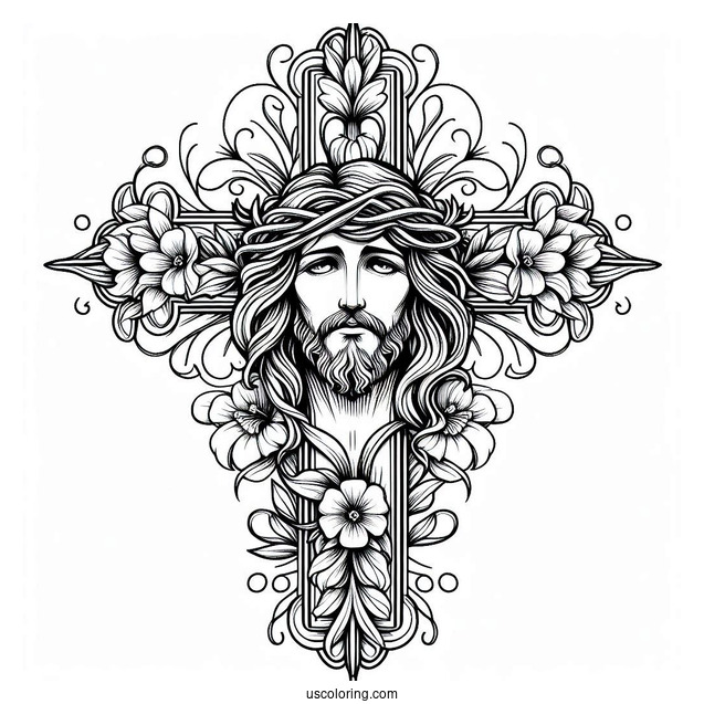 Elegant Cross Coloring Page With Jesus s Face At The Center