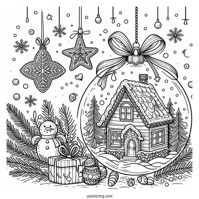 Christmas Coloring Pages For Adults Of Christmas Bauble With Gingerbread House Inside
