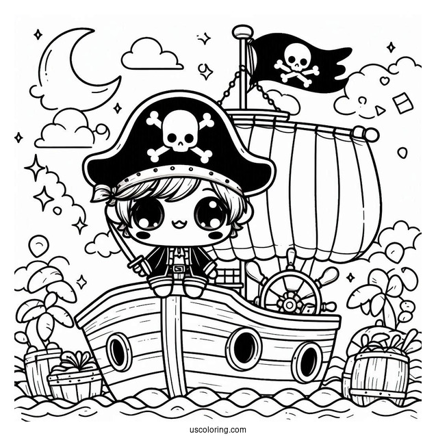Kawaii Pirate On The Deck Of A Pirate Ship Coloring Page For Kids