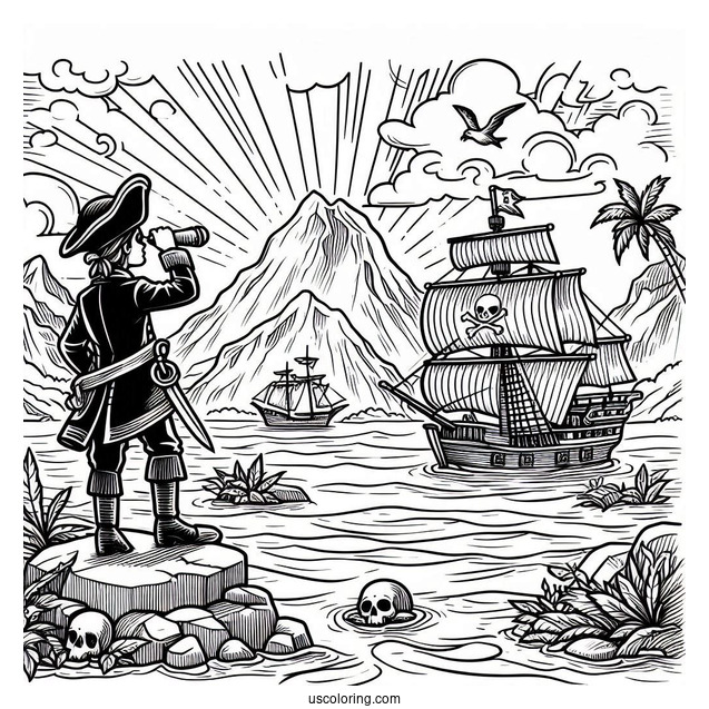 Pirate Coloring Page Surveying An island