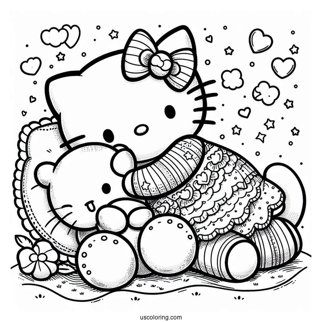 Coloring Page Of Hello Kitty Hugging Teddy Bear