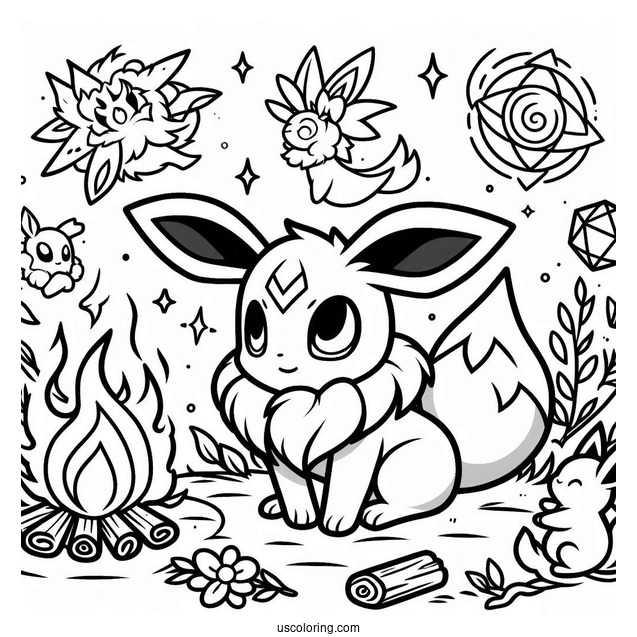 Sylveon Coloring Page With Other Eevee Evolutions Around Bonfire