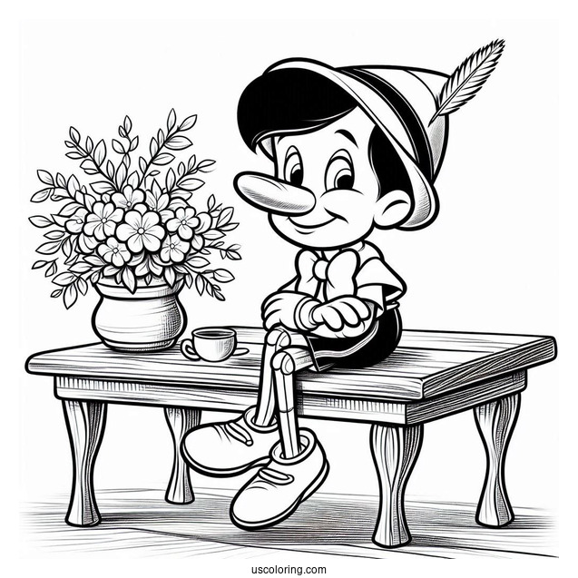Pinocchio Coloring Page Of Happy Figaro Seated On The Table For Kids