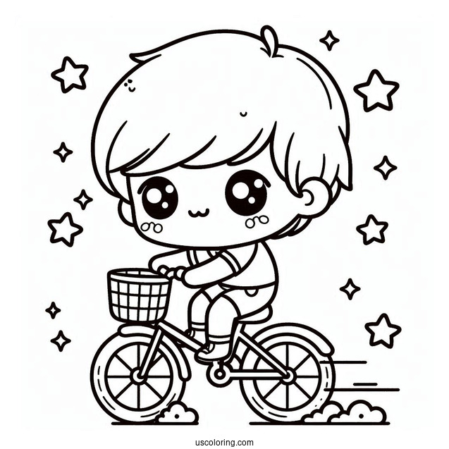 Kawaii Little Boy Riding Bicycle Coloring Page With Training Wheels For Preschoolers