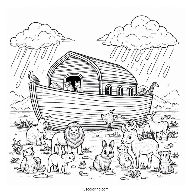 Noah's Ark Coloring Page With The Animals Outside The Ark
