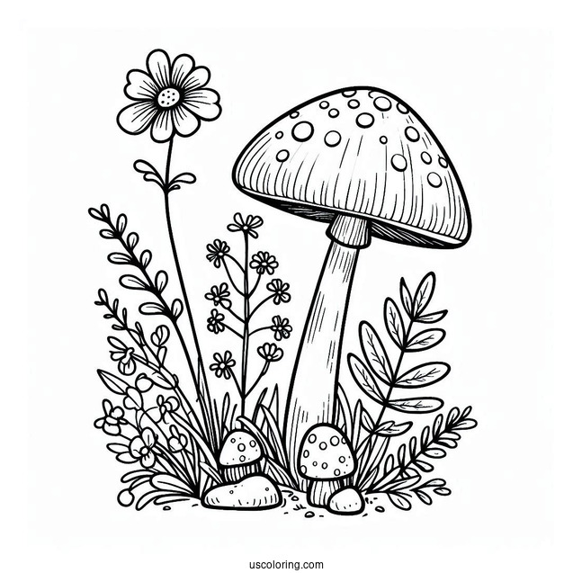 Wildflowers And Weeds Growing Around Mushroom Coloring Page