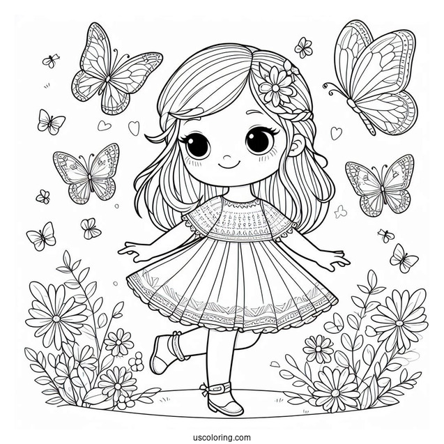 Little Girl Dancing With Butterflies To Color