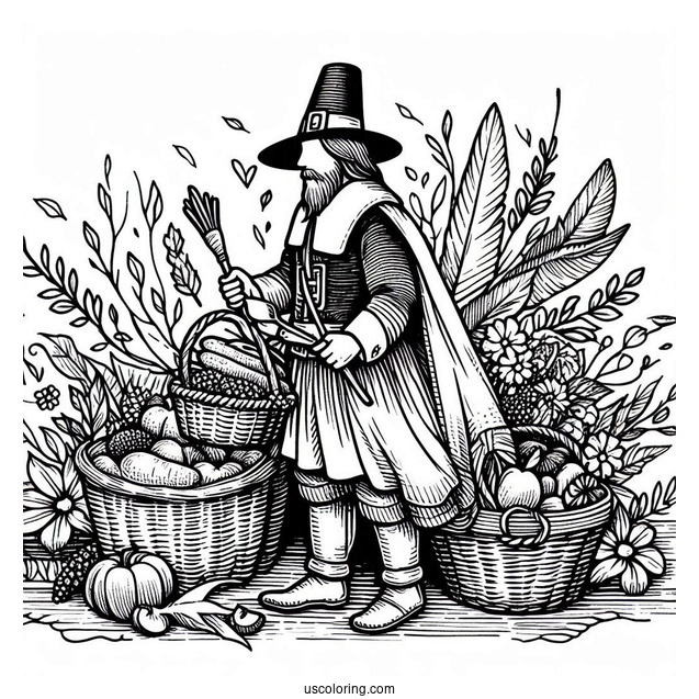 A Pilgrim Coloring Page Of A Native American Carrying Food