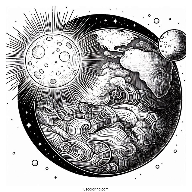 Realistic Earth With Sun And Moon In Outer Space Coloring Sheet