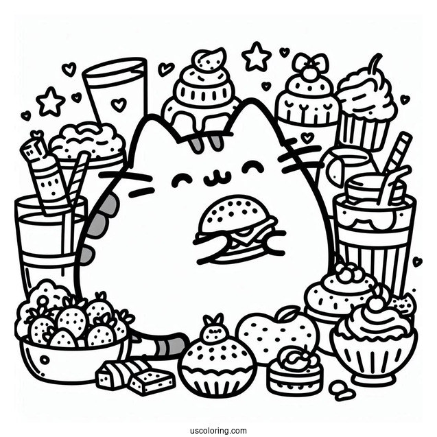 Pusheen With Lots Of Food Coloring Page