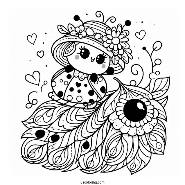 Cartoon Ladybug Sitting On Peacock Coloring Page with Flower Hat and Heart Shaped Tail Feathers