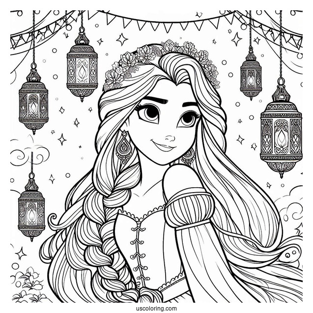 Princess Coloring Page Of Tangled Princess Rapunzel With Lanterns In Background
