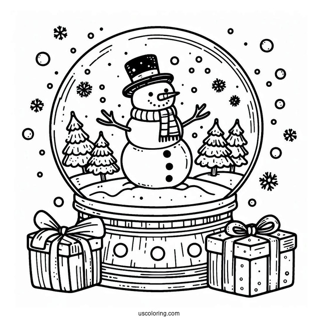 Snowman With Trees And Presents Snow Globe Coloring Page
