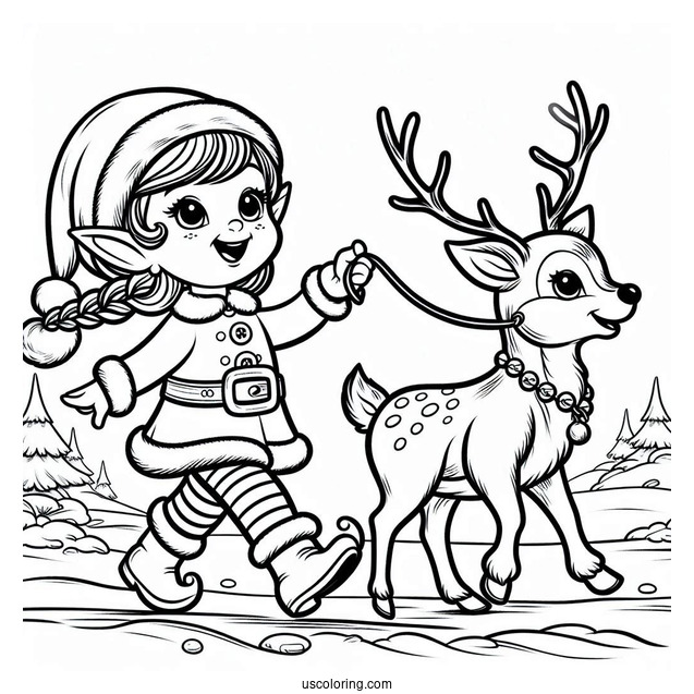 Elf Leading A Reindeer In The North Pole Coloring Page For Kids