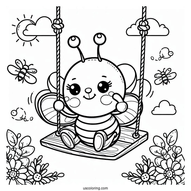 Bee Coloring Page Playing On A Swing Set For Kids