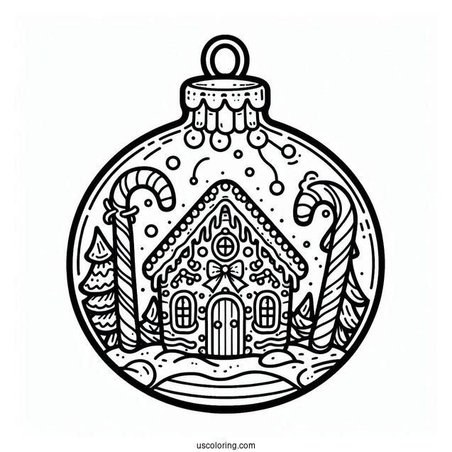 Gingerbread House And Candy Canes Inside Bauble Christmas Ornaments Coloring Page