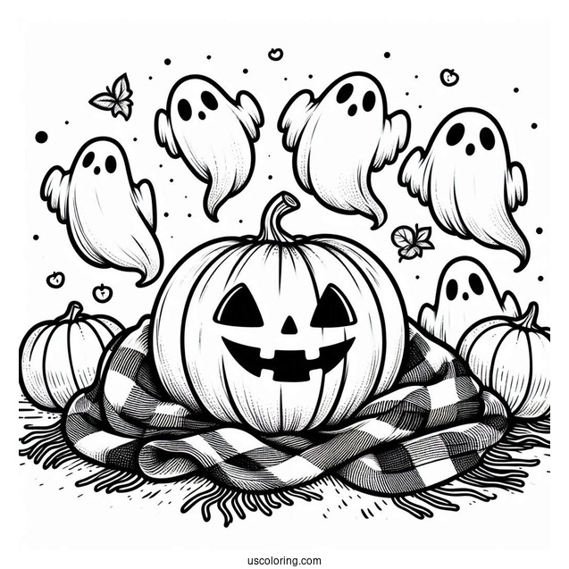 Pumpkin Coloring Page Of Blanket Ghosts Hovering Above Jack O Lanterns For Kids