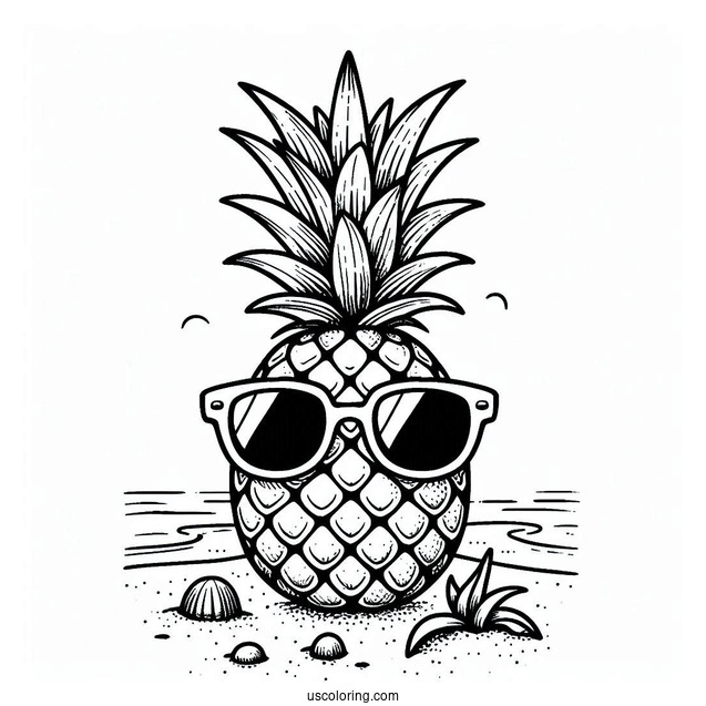 Pineapple Wearing Sunglasses On Beach Coloring Page