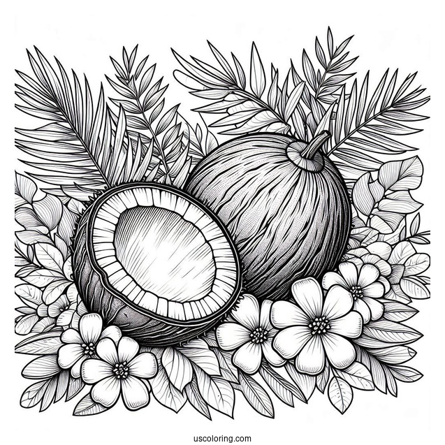 Open Coconut Coloring Page With Leaves And Flowers