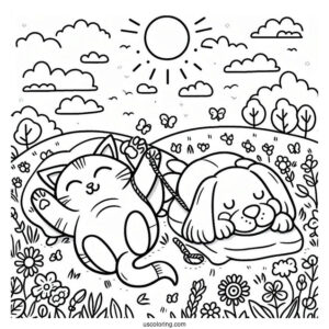 Smiling Critters Coloring Page Of CatNap And DogDay With Arms Hooked On A Field