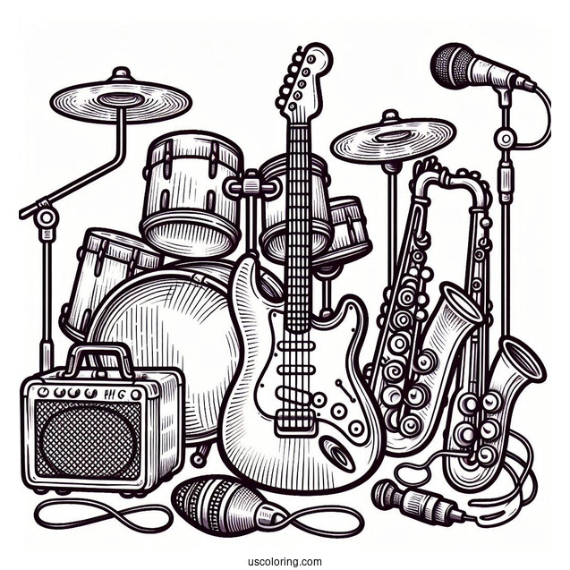 Music Coloring Page Of Electric Guitar, Drum, Trumpet, Saxophone, And Microphone