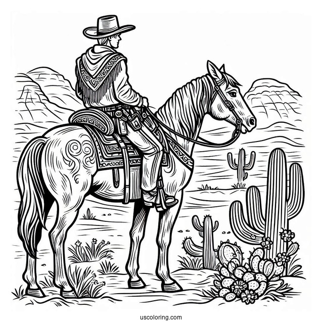 Detailed Cowboy Coloring Page And Horse In Desert