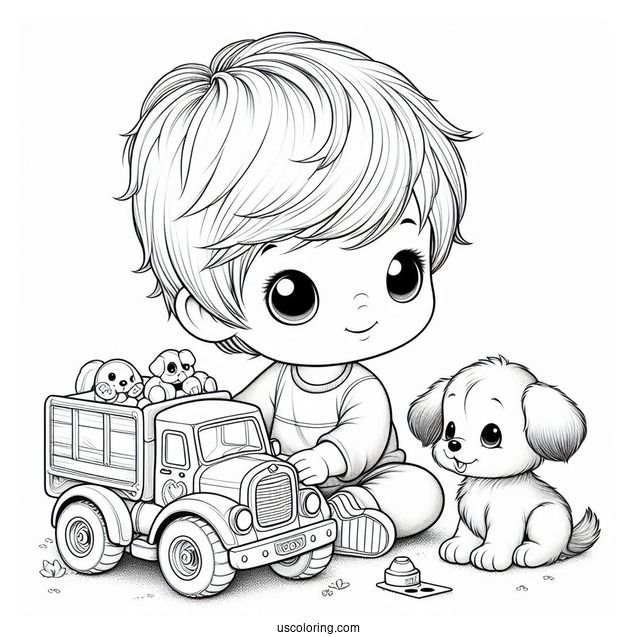 Precious Moments Coloring Page Of Boy With Toy Truck And Puppy