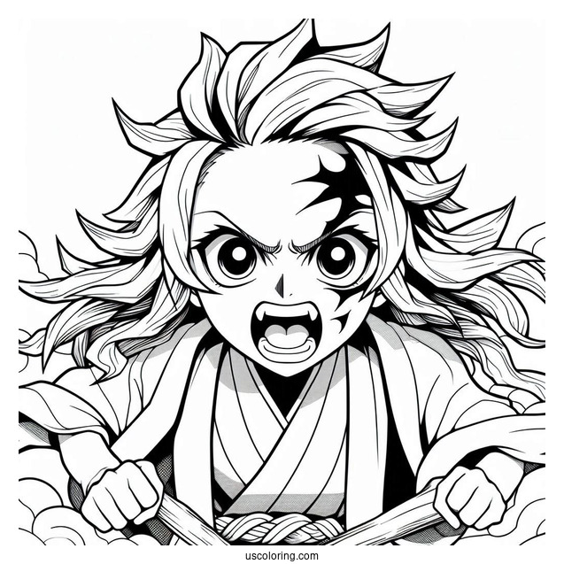 Angry Tanjiro Coloring Page In Battle