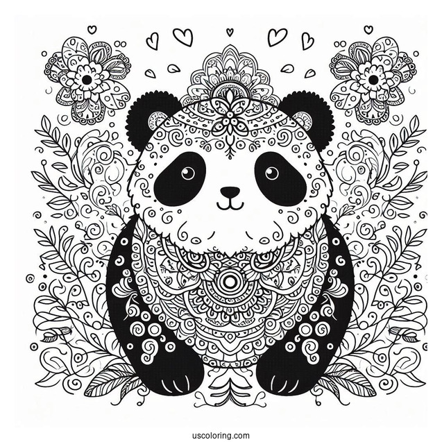 Ornamental Panda Coloring Page with Floral Swirls and Mandala Belly Design