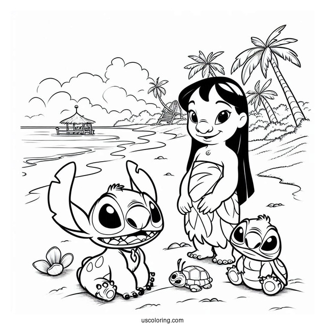 Coloring Page Of Lilo And Stitch On Beach With Jumba And Pleakley