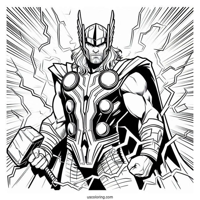 Coloring Page Of Thor Surrounded By Lightning