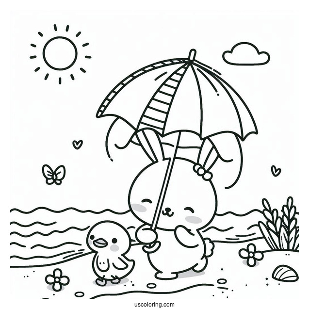 Cute Coloring Page Of Rabbit And Duck Walking Along The Beach Under An Umbrella