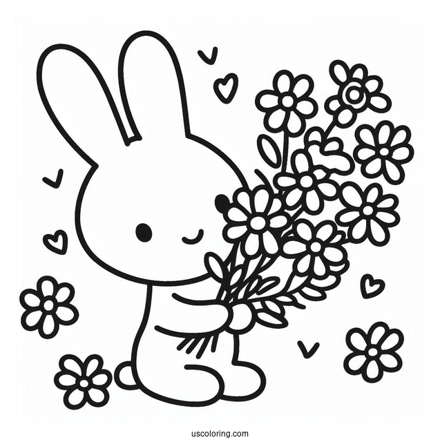 Easy Miffy Coloring Page Holding Flowers